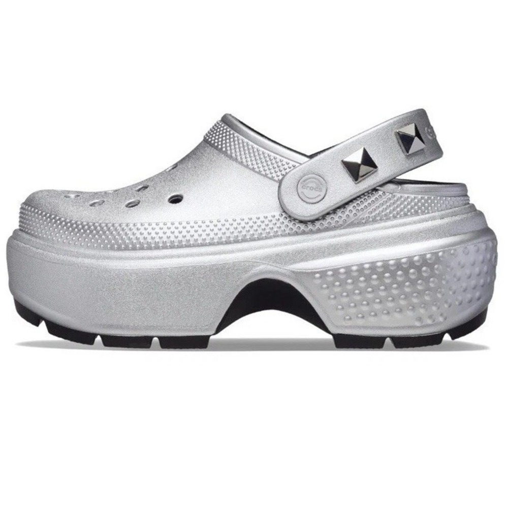 Crocs Stomp‎ Metallic Silver Studded Clogs NWT Unisex W4 M2 RARE!